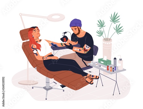 Hipster guy tattoo master at work vector illustration. Professional tattooer working with female client use ink machine at studio isolated on white. Male tattooist create adornment on hand