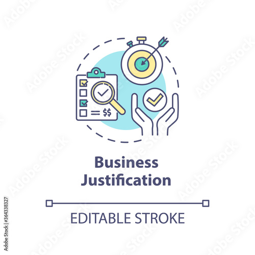 Business justification concept icon. Corporate plan for development. Target for earnings. Product management idea thin line illustration. Vector isolated outline RGB color drawing. Editable stroke