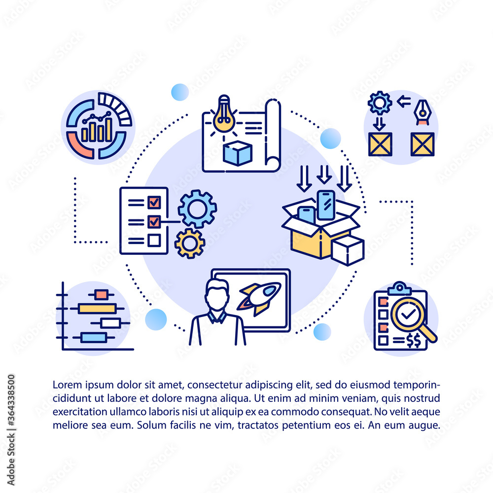 Product management consulting concept icon with text. Developing business case and strategy. PPT page vector template. Brochure, magazine, booklet design element with linear illustrations