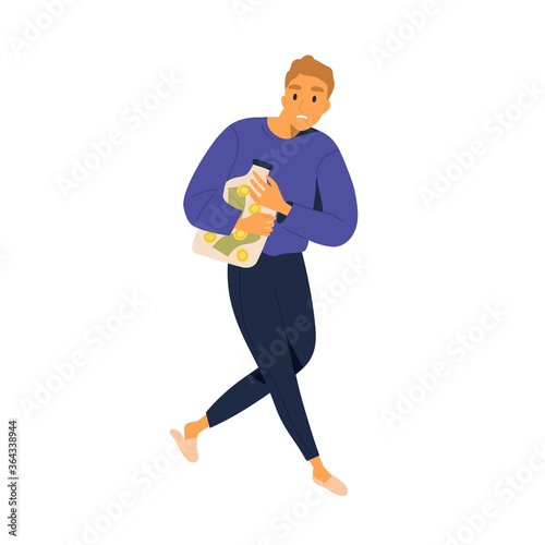 Careful man hide cash and coins at bank vector flat illustration. Suspicious guy save money in jar at home isolated on white background. Saving income in glass bottle for retirement or deposit