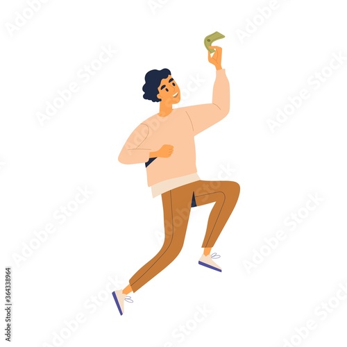 Happy man jumping holding cash vector flat illustration. Joyful male with banknote celebrating finance success isolated on white background. Rich smiling lucky guy having financial fortune