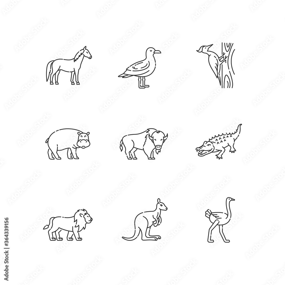 Flying and land animals pixel perfect linear icons set. Common birds