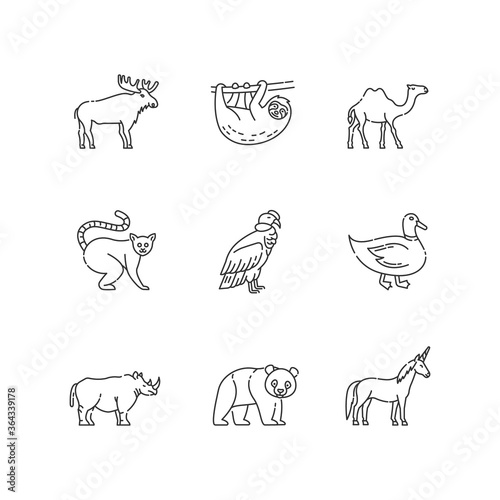 Mammals and birds pixel perfect linear icons set. Flying and land animals customizable thin line contour symbols. Common forest wildlife. Isolated vector outline illustrations. Editable stroke