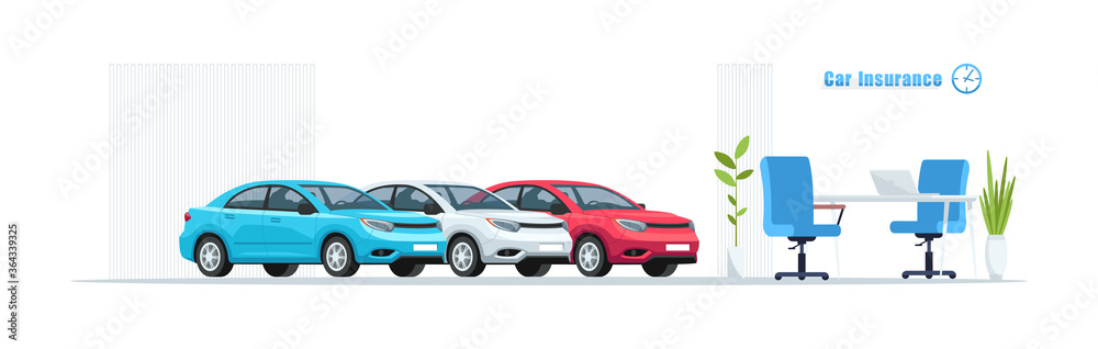 Insurance for personal transportation semi flat RGB color vector illustration set. Desk and chair for reception. Cars and consultation counter isolated cartoon object on white background collection