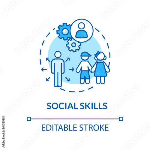 Children social skills concept icon. Toddlers interaction and communication. Early childhood socialization idea thin line illustration. Vector isolated outline RGB color drawing. Editable stroke