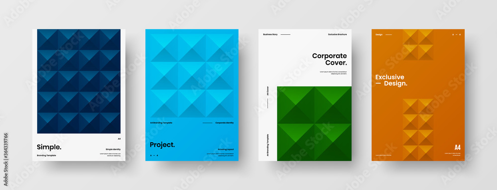 Company identity brochure template collection. Business presentation vector A4 vertical orientation front page mock up set. Corporate report cover abstract geometric illustration design layout bundle.