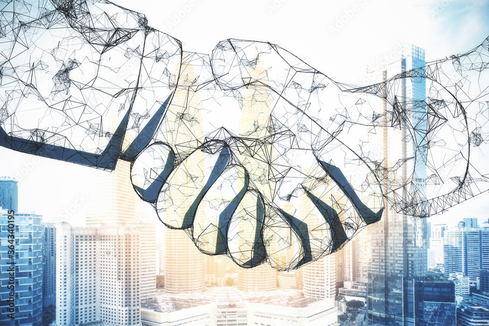 Fototapeta premium Polygonal handshake on blurry modern city background