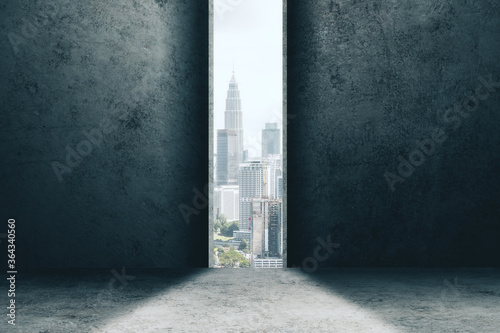 Doorway and modern city view.