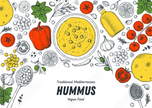 Hummus cooking and ingredients for hummus, sketch illustration. Middle eastern cuisine frame. Healthy food, design elements. Hand drawn, package design. Mediterranean food. Vegan menu