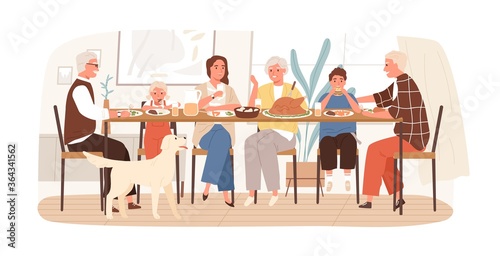 Joyful American family celebrating holiday sitting at dining table vector flat illustration. Happy children  parents and grandparents eating and drinking spending time together isolated on white
