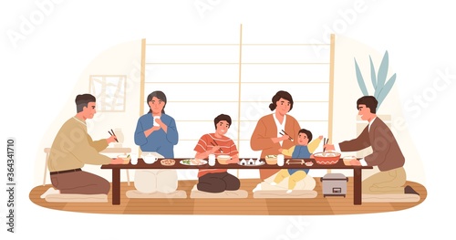 Smiling Japanese family eating national food together vector flat illustration. Happy children, parents and grandparents sitting on floor at table having traditional festive dinner isolated on white