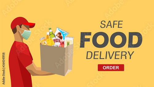 Safe food delivery at home during coronavirus epidemic: delivery man holding a bag with fast food, he is wearing a face mask and gloves