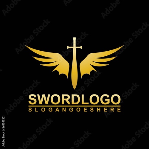 Gold Sword Winged Logo Vector Template Design