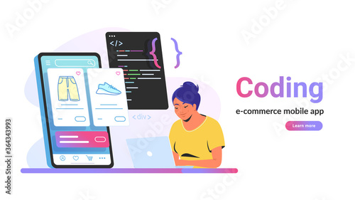 Coding e-commerce mobile app for online store. Flat vector illustration of cute woman sitting with laptop and working with css script and preview on smartphone behind. Application developement process