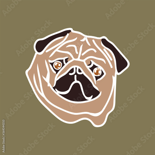 Hand-drawn illustration of a dog. Mopsportret made in a pleasant green color scheme, inspired by African motifs. Pets are drawn to the background of a textile or panel. Beautiful and cute animals