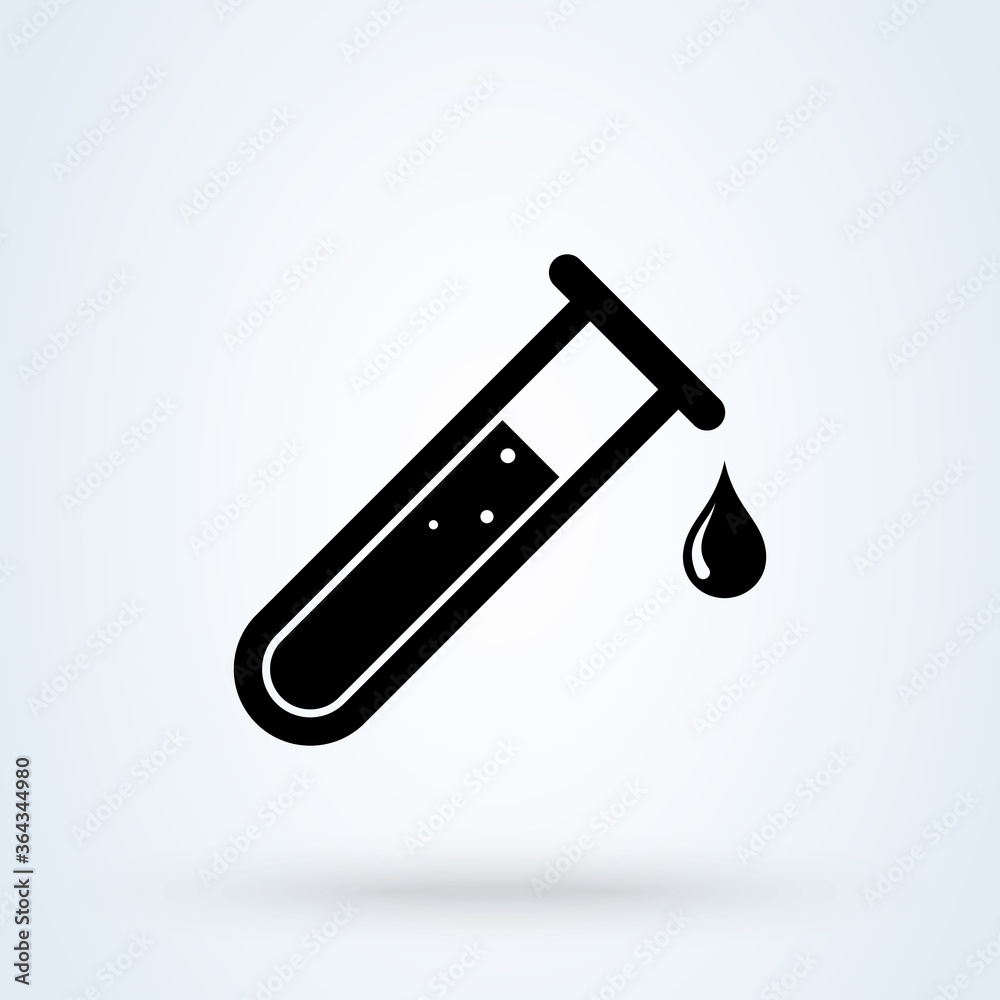Test tube with falling drop of liquid. Flat icon illustration.