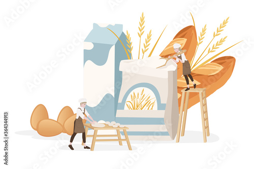 Bakery manufacturer male and female chef cooking use wooden table and bowl for dough professional bakery cartoon character design flat vector illustration on white background