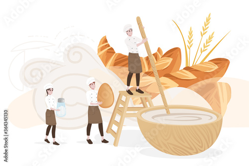 Bakery manufacturer male and female chef cooking kneading the dough directly in the bow professional bakery cartoon character design flat vector illustration on white background