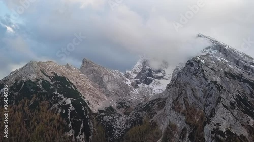 Aerial time lapse flight near Watzmann and Hochkalter mountains, Ramsau, Berchtesgaden, Germany photo