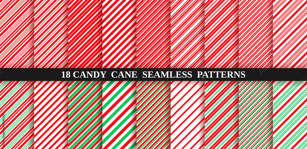 Candy cane stripe seamless pattern. Vector. Christmas candycane background red and green. Wrapping paper. Set of holiday textures. Peppermint caramel diagonal print. Classic winter illustration.