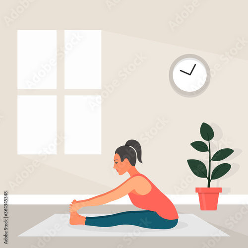 Female Yoga in Flat Style. Vector Illustration of Beautiful Cartoon Woman in Paschimottanasana Pose of Yoga. Home Sports Concept