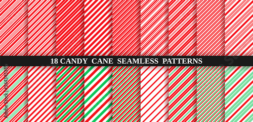 Candy cane stripe seamless pattern. Vector. Christmas candycane background red and green. Wrapping paper. Set of holiday textures. Peppermint caramel diagonal print. Classic winter illustration.