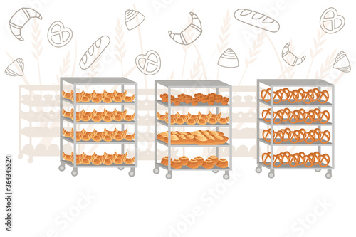 Bakery manufacturer with bread tray professional bakery cartoon character design flat vector illustration on white background with line style icons