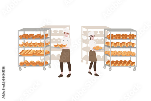 Bakery manufacturer male and female chef cook with baking tray and bread tray professional bakery cartoon character design flat vector illustration isolated on white background