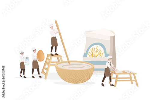 Bakery manufacturer male and female chef cooking use wooden table and bowl for dough professional bakery cartoon character design flat vector illustration on white background
