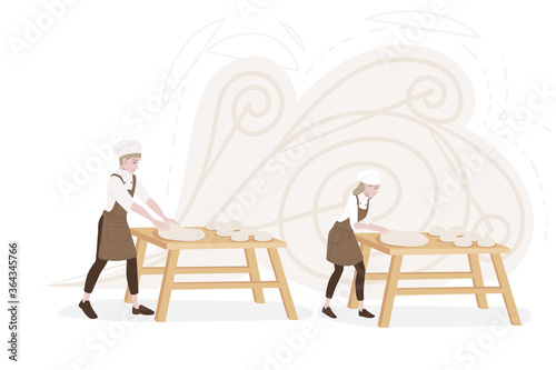 Fototapeta Naklejka Na Ścianę i Meble -  Professional chef male and female making dough for baking working on wooden tables cartoon character design flat vector illustration on white background