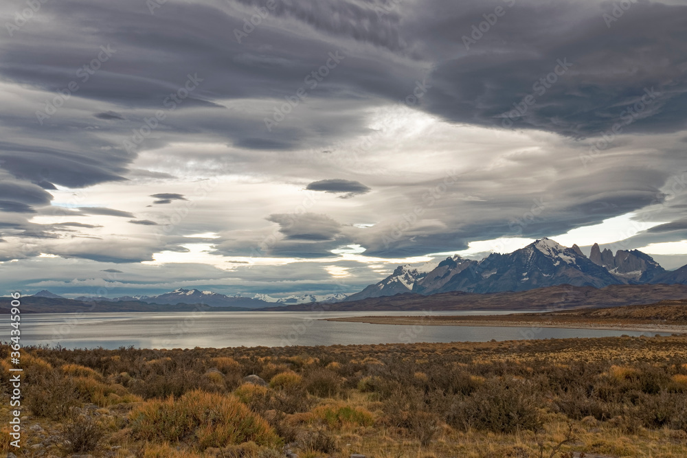 Chile Sarmiento Lake – postcard views of mountain peaks.