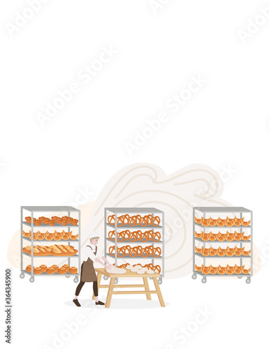 Bakery manufacturer with bread tray professional bakery cartoon character design flat vector illustration on white background with line style icons