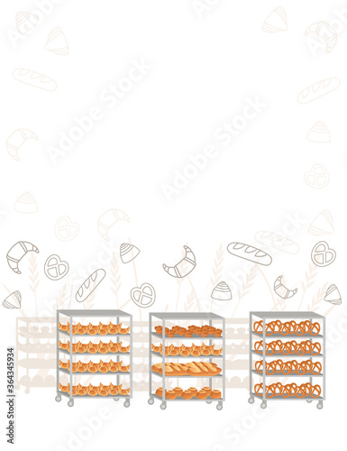Bakery manufacturer with bread tray professional bakery cartoon character design flat vector illustration on white background with line style icons