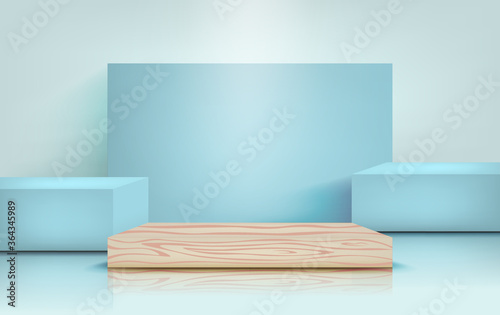 Podium for product presentation in pastel blue color, mock up for design. Pillar stand scenes, vector illustration in realistic style