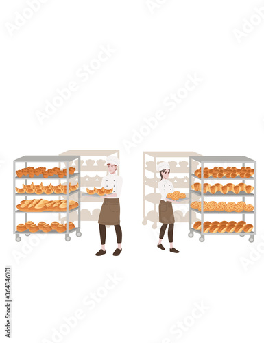 Bakery manufacturer male and female chef cook with baking tray and bread tray professional bakery cartoon character design flat vector illustration isolated on white background