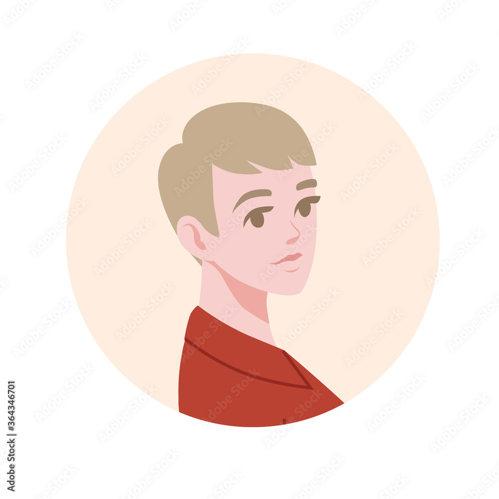 Flat portrait avatar icon for social platforms with young woman on beige circle vector illustration on white background Flat portrait avatar icon for social platforms with young woman on beige circle vector illustration on white background