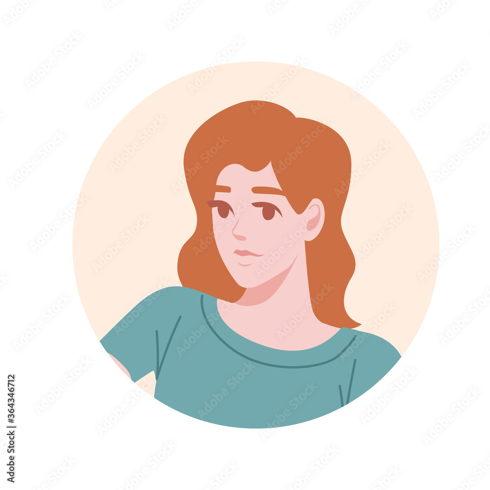 Flat portrait avatar icon for social platforms with young woman on beige circle vector illustration on white background