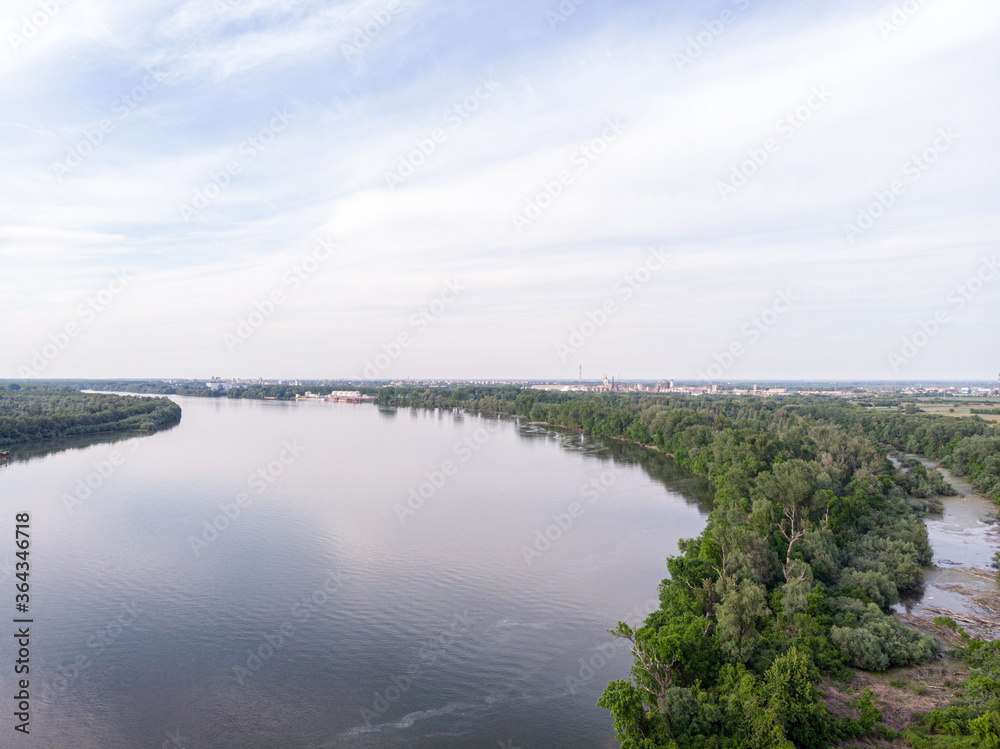 Aerial Drone view of Danube river and blue sky. Beautiful amazing landscape image of Danube river.