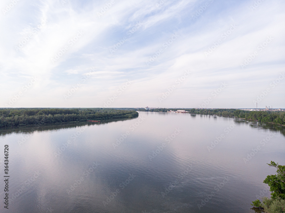 Aerial Drone view of Danube river and blue sky. Beautiful amazing landscape image of Danube river.