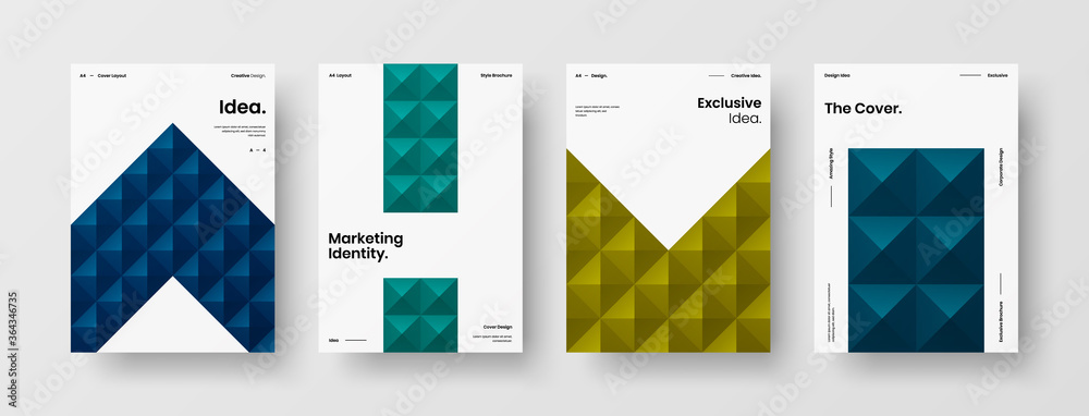 Company identity brochure template collection. Business presentation vector A4 vertical orientation front page mock up set. Corporate report cover abstract geometric illustration design layout bundle.