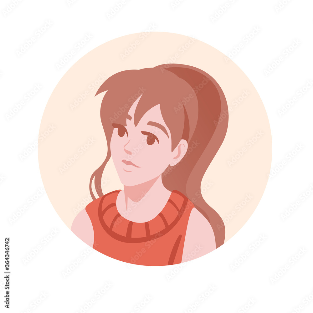 Flat portrait avatar icon for social platforms with young woman on beige circle vector illustration on white background Flat portrait avatar icon for social platforms with young woman on beige circle vector illustration on white background