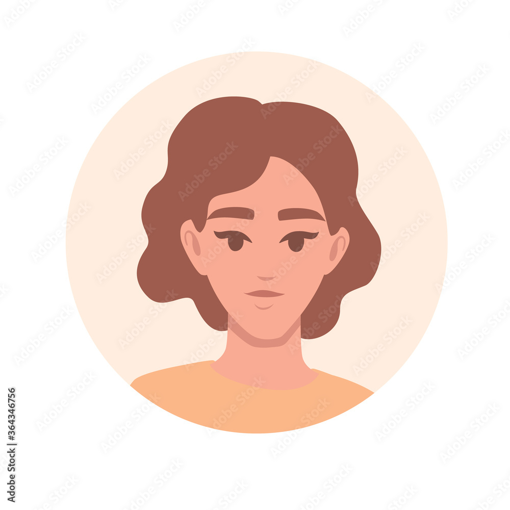 Flat portrait avatar icon for social platforms with young woman on beige circle vector illustration on white background Flat portrait avatar icon for social platforms with young woman on beige circle vector illustration on white background