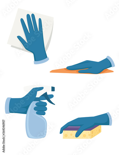 Set of hand in gloves use cleaning tools spray bottle foam rubber sponge and washcloth flat vector illustration isolated on white background