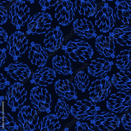 Seamless pattern with hand drawn flowers: artichoke, orchid, cotton, poppy, t...