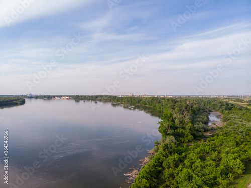 Aerial Drone view of Danube river and blue sky. Beautiful amazing landscape image of Danube river.