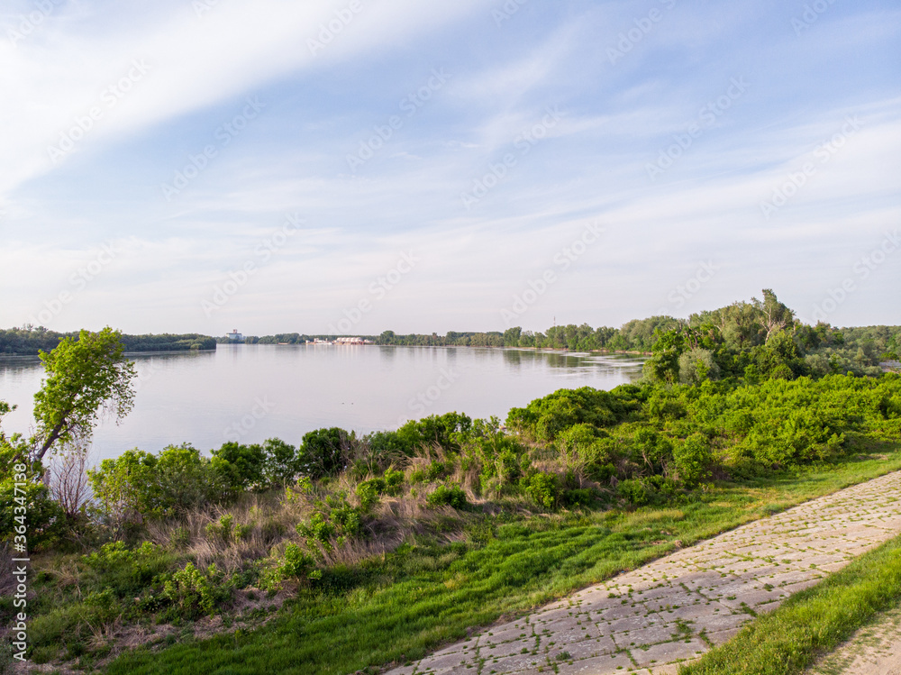 Aerial Drone view of Danube river and blue sky. Beautiful amazing landscape image of Danube river. Aerial Drone view of Danube river and blue sky. Beautiful amazing landscape image of Danube river.