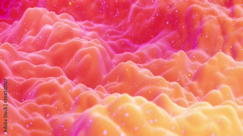 Beautiful abstract 3D surface with glitter sparkles, extruded or displaced waves transform in loop. Red yellow color gradient, soft matte material like morphing sweetness with light inner glow. Beautiful abstract 3D surface with glitter sparkles, extruded or displaced waves transform in loop. Red yellow color gradient, soft matte material like morphing sweetness with light inner glow.