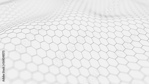 Futuristic white hexagon background. Futuristic honeycomb concept. Wave of particles. 3D rendering. © Vadym
