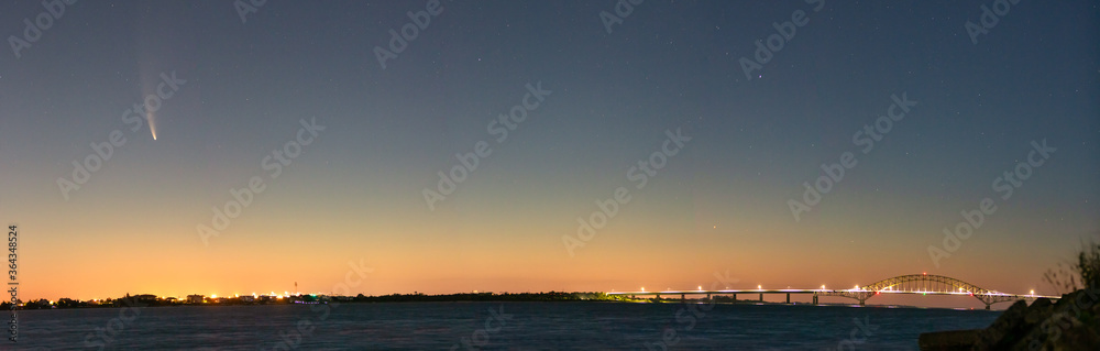 C/2020 F3, or Comet Neowise, rising over the coast in the early morning twilight hours. Fire Island Inlet Bridge - Long Island New York