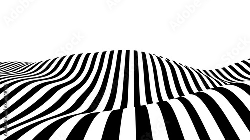 Optical illusion wave. Abstract 3d black and white illusions. Horizontal lines stripes pattern or background with wavy distortion effect. Vector illustration.
